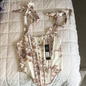 Fashion Nova Brown and Cream Floral Corset Top